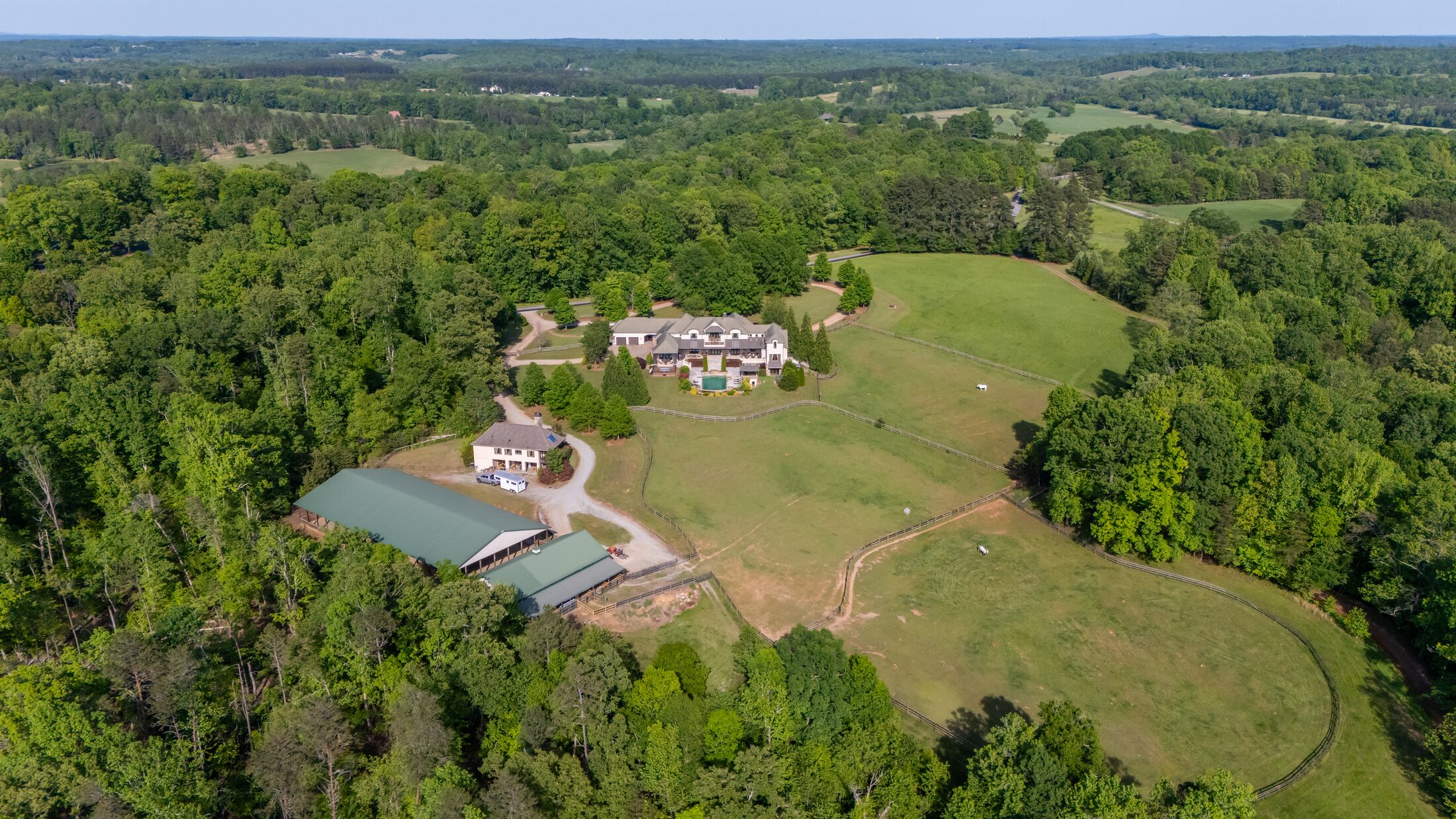 Aerial of the arena, barn and pastures