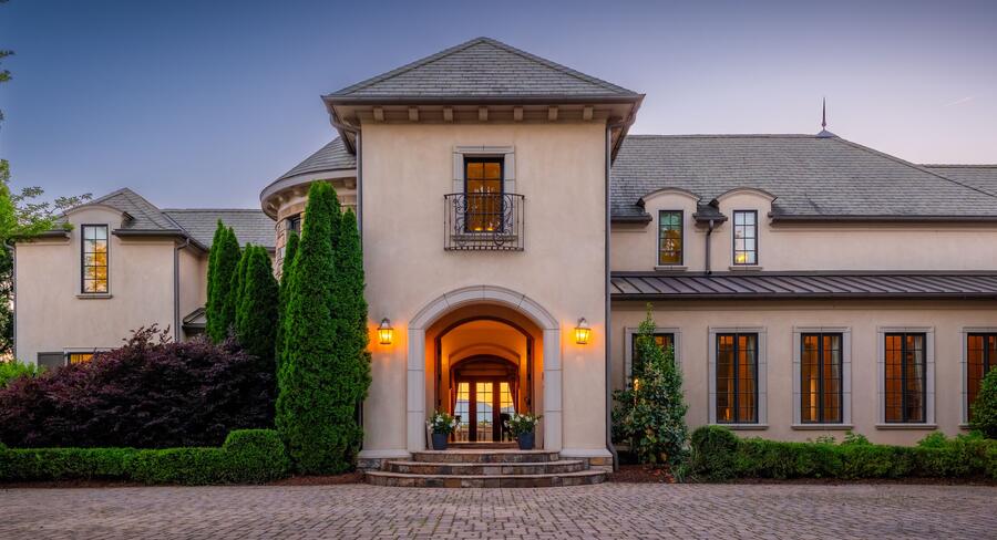 Front elevation at twilight