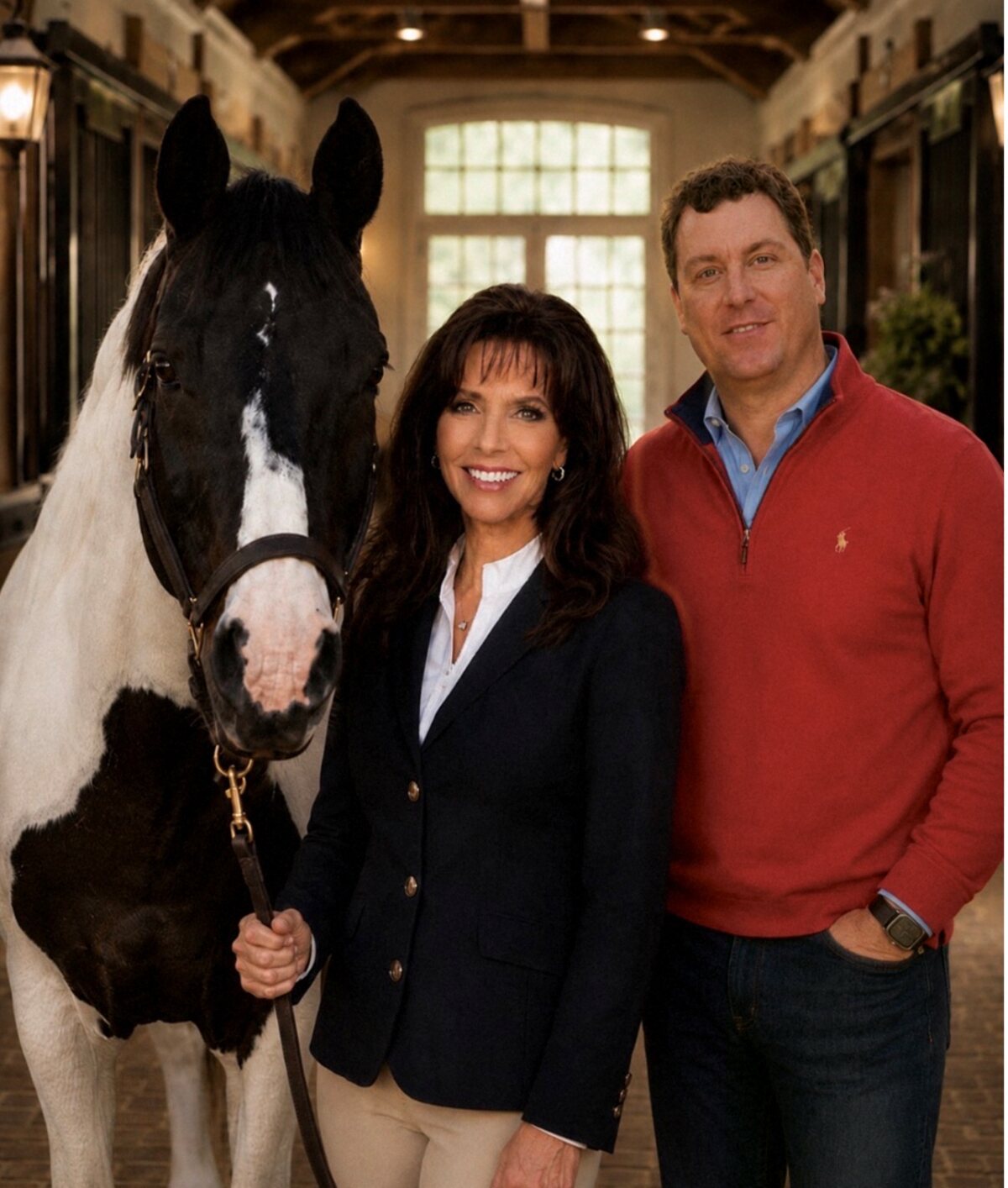 Debra Minnick and Damian Hall in a center-aisle barn with a paint horse